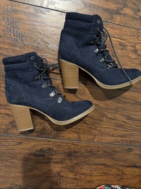 Charlotte Russe Navy Suede Lace-Up Block Heel Ankle Boots